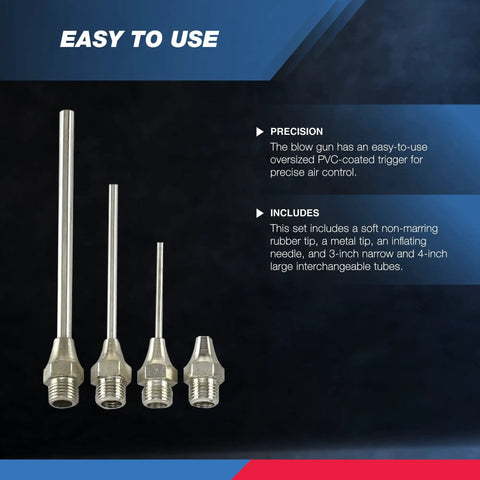 Air Blow Gun Nozzle Kit With Five Interchangeable Nozzles For Compressors, including different sized metal nozzles.