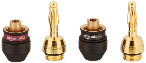 Straight Up Reliable 24K Gold Plated Banana Plugs speaker wire connectors in four variations for audio setups.