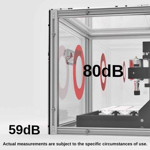 Side view of Kaba Acrylic CNC Enclosure For 3018 Series And 1810 Pro ProVer MX3, highlighting sound reduction features.