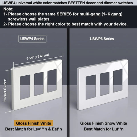 Three Gang Screwless Wall Plate Cover For Decorator Outlets And USB GFCI Receptacles Glossy Off White Finish Snow White Finish Comparison