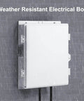 All Weather Outdoor Electrical Junction Box With Waterproof Abs Panel Enclosure and removable grille, mounted on a wall and exposed to rain.