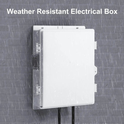 All Weather Outdoor Electrical Junction Box With Waterproof Abs Panel Enclosure and removable grille, mounted on a wall and exposed to rain.