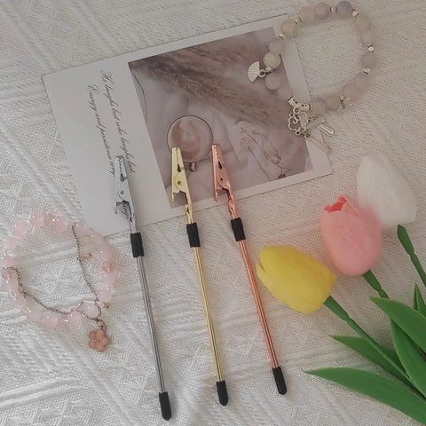 Three Piece Bracelet Helper Tool Set For Easy Necklace And Watch Clasps Zippers And Craft Adjustments In Gold Silver And Rose Gold Finishes Handy At Home Jewelry Fix Kit with three tools on fabric