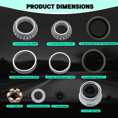 Beefed-Up Trailer Bearing Kit Set with inner and outer bearings, seals, spindle nuts for 5200-7000 lb axles, 1.25" to 1.75" tandem axles.