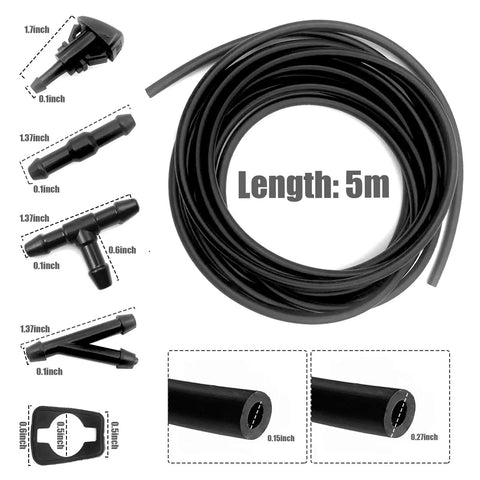 Windshield Washer Hose Kit With 5M Flexible Washer Fluid Hose, connectors, nozzles, and rubber gaskets.