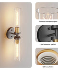 Mermiviok Matte Black Wall Sconces Set of 2, Clear Glass Vanity Lights with gold accents and wall mounting bracket.