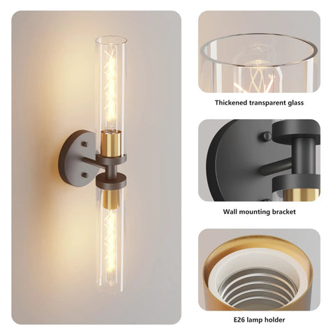 Mermiviok Matte Black Wall Sconces Set of 2, Clear Glass Vanity Lights with gold accents and wall mounting bracket.