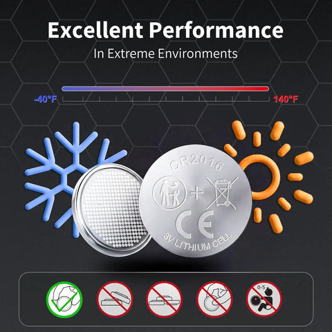 Kicking Performance Cr2016 3V Lithium Coin Cells Six Pack with temperature extremes symbols and batteries visible.