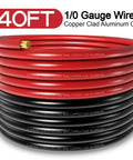 Straight Plug Zero Gauge CCA Battery Cable 40 Foot Spool showing red and black wires, ideal for automotive and winch setups.