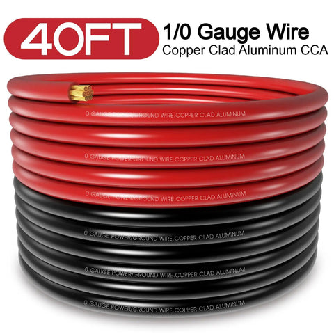 Straight Plug Zero Gauge CCA Battery Cable 40 Foot Spool showing red and black wires, ideal for automotive and winch setups.