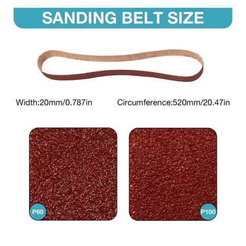 Sanding belt size details for Tough As Nails Cordless Angle Grinder with P60 and P100 abrasives shown clearly.
