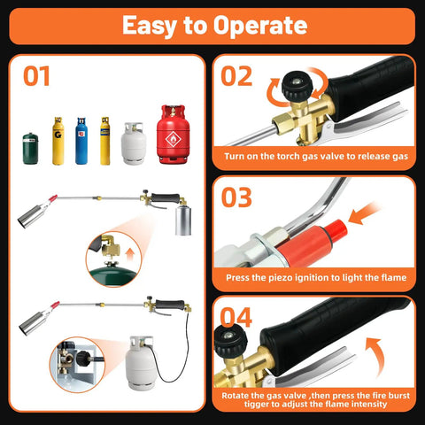 Propane Weed Torch With 14Ft Hose, High Output Blow Torch instructions on assembling and operating with self igniter and turbo trigger.