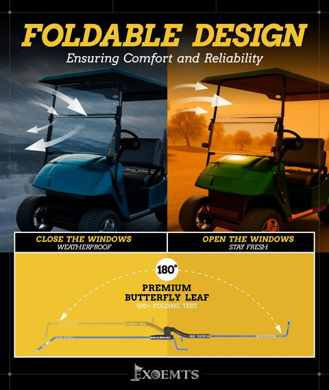 Solid Rider EZGO TXT Golf Cart Windshield For 1995 To 2013 Gas And Electric Models, foldable design with premium hinge system.