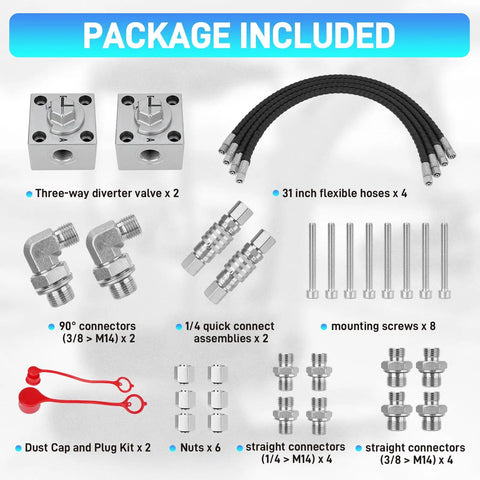 3 Way Hydraulic Diverter Valves Kit For 1-2 Ton Mini Excavator With Quick Connects, 31 Inch Flexible Hoses, adapters, connectors