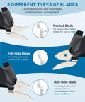 Different blade types for Vloxo 4 Volt Cordless Electric Cardboard Cutter Scissors, showcasing pointed, full-hole, and half-hole blades.