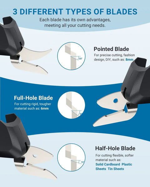 Different blade types for Vloxo 4 Volt Cordless Electric Cardboard Cutter Scissors, showcasing pointed, full-hole, and half-hole blades.
