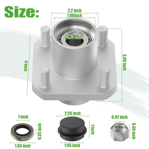 Front Wheel Hub Assembly Kit For Club Car DS Golf Cart 1974-2003, 2 pack, aluminum hub with LM11949 bearing, dimensions labeled