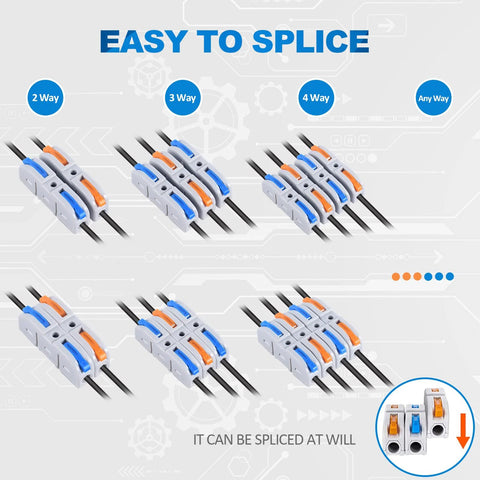 HTCELLE 60-piece lever wire connector kit for 28–12 AWG, 1-in 1-out inline terminals with blue and orange levers