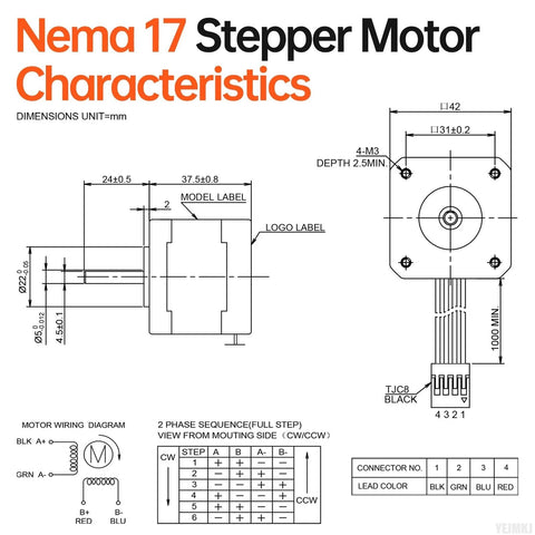 3-pack NEMA 17 stepper motors with 42x38mm housing, 4-lead cable, 1.7A, 0.47Nm; dimensional schematic view