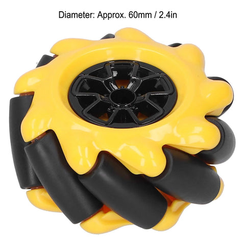 Mecanum wheel, yellow 60mm with black omni-directional rollers for robot car (close-up)