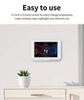 Smart WiFi Thermostat With 7 Day 8 Period Programmable Schedule on wall, LCD screen showing temperature, TJ919E 6th Gen