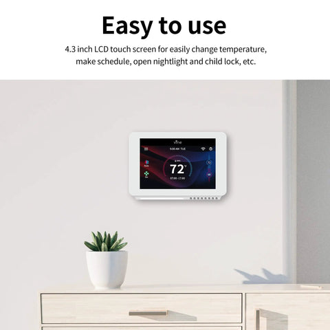 Smart WiFi Thermostat With 7 Day 8 Period Programmable Schedule on wall, LCD screen showing temperature, TJ919E 6th Gen