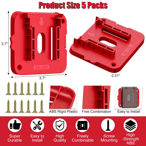 Heavy Duty Milwaukee 18V Battery Holder Storage Pack For Wall Mount Or Shelf Keeps Batteries Neat In Van Or Toolbox Easy Snap In Design With Locking Mechanism 5 Pack