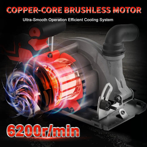 No Frills Hardcore Six Inch Cordless Circular Saw With Brushless Motor And 6200 Rpm Speed showing copper-core brushless motor design.