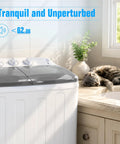 Top Notch Portable Twin Tub Washing Machine 18 Pound Capacity Washer And Dryer Combo Made For Apartments No Sweat Spin Cycle Heavy Duty Compact Home Laundry System In Charcoal Grey with a cat resting beside it.