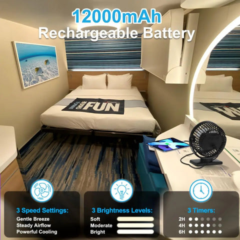 6 Inch Magnetic Cruise Fan With 12000mAh Rechargeable Battery Portable Power Bank LED Light on cruise ship cabin table