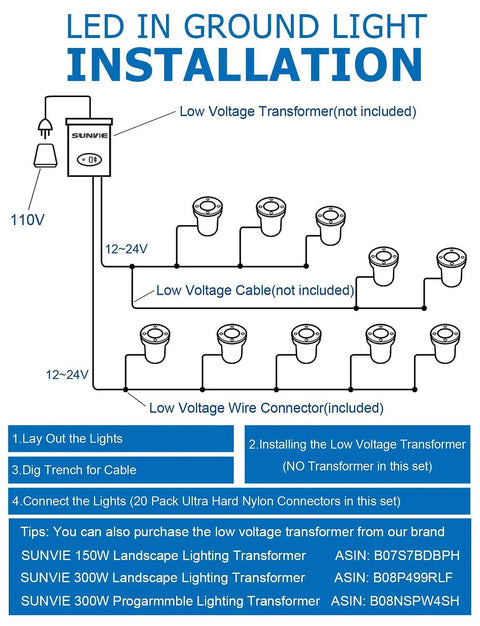 Low Voltage Landscape Well Lights With Wire Connectors 12W LED IP67 Waterproof In-Ground Garden Lights 12V-24V Warm White For Pathway Driveway Deck Yard 10 Pack With Connectors