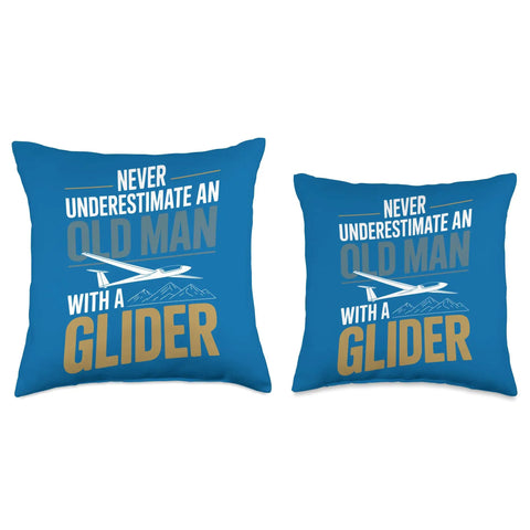 Sailplane Pilot Throw Pillow For Glider Lovers And Soaring Club Members, featuring glider graphic and humorous text on blue polyester fabric