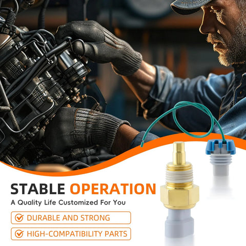 Engine coolant temperature sensor with brass threaded body and blue connector; mechanic working on engine