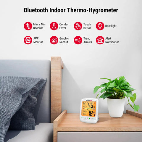Bluetooth Hygrometer Thermometer With Large Backlit LCD, Indoor Temperature And Humidity Monitor, Ultra Accurate NTC Sensor, Remote Reading Up To 260 Feet, Simple App Sync on bedside table