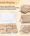 Eight Size Fluted Wooden Dowels 225 Pieces In Quarter, Five Sixteenths, And Three Eighths Diameters in plastic case