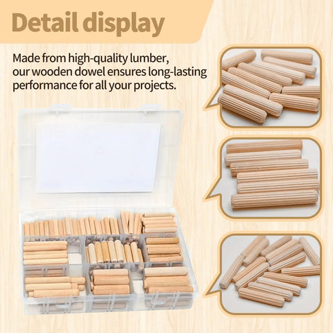 Eight Size Fluted Wooden Dowels 225 Pieces In Quarter, Five Sixteenths, And Three Eighths Diameters in plastic case