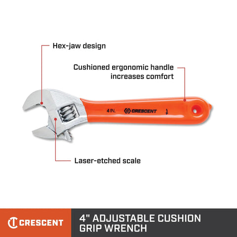 4 Inch Adjustable Cushion Grip Wrench With Ergonomic Handle, Hex Jaw Design For Tight Grips, Half Inch Capacity, Model AC24CVS