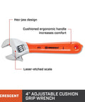 4-inch adjustable cushion grip wrench with hex jaw and ergonomic handle, labeled features