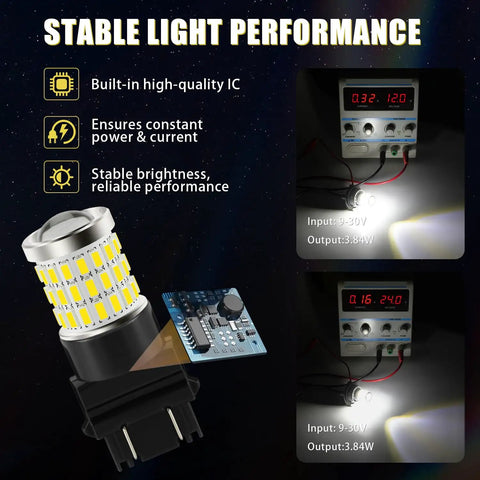 Premium 3157 Led Light Bulbs White Super Bright Tail Brake Reverse And Turn Signal Pair showing IC and high brightness performance.