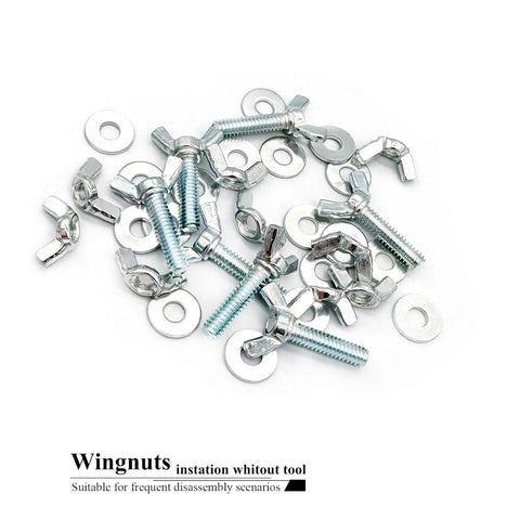 Assorted Wing Bolts And Nuts Kit With Washers For Quick Setup 20 1/4-20 By 1 Wing Screws 20 1/4-20 Hand Tighten Wing Nuts 40 Silver Zinc Coated Flat Washers Butterfly Screws And Nut Fasteners Easy Twist DIY Hardware Kit scattered with washers visible