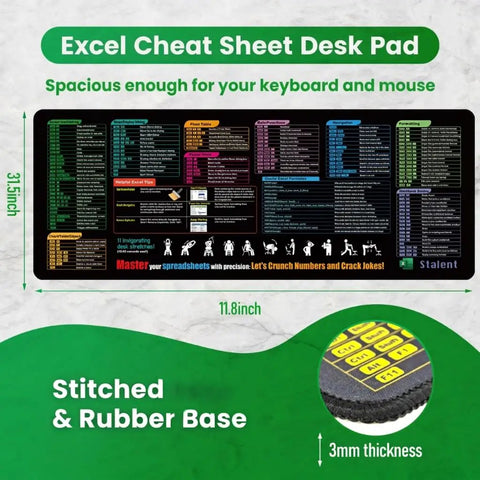 Cheat Sheet Desk Pad With 200 Plus Shortcuts And Formulas, Large 31.5 Inch By 11.8 Inch Waterproof Non Slip Mouse Pad