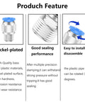 Three features of Six Millimeter To One Eighth Inch NPT Push To Connect Air Fittings, highlighting nickel-plating, sealing, installation.