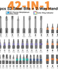 40 pieces of S2 steel bits from the 42 In 1 Magnetic Screwdriver Set With Ratchet Handle And Detachable Bits.