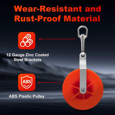 Wear-resistant and rust-proof material with zinc-coated steel brackets and ABS plastic pulley for No Hassle Cable Pulley Kit For Low Voltage Network Wiring.