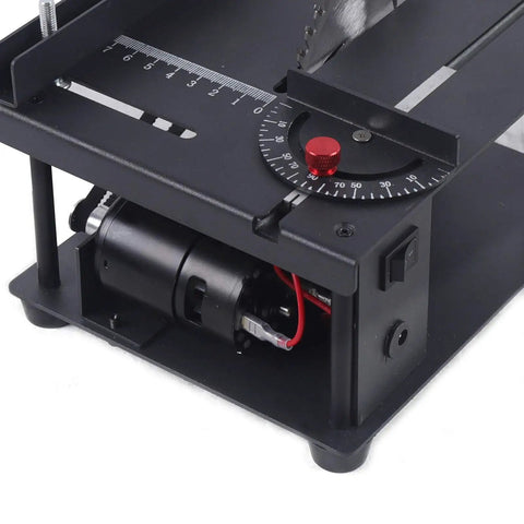 Rock Solid Woodworking Sliding Table Saw With Variable Speed Control And Heavy Duty Steel Build Featuring Precision Adjustable Fence for detailed view of motor and adjustment scale.