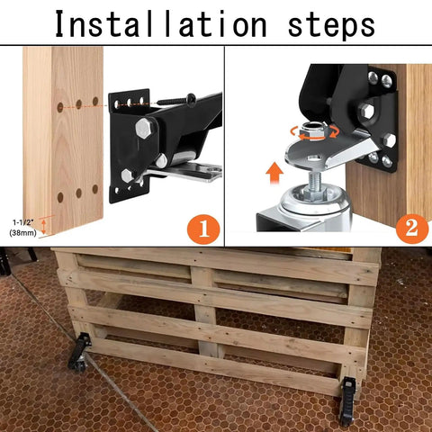 Installation steps for Tough As Nails Workbench Caster Kit Set Of 4 Features Retractable Step Down Swivel Wheels.
