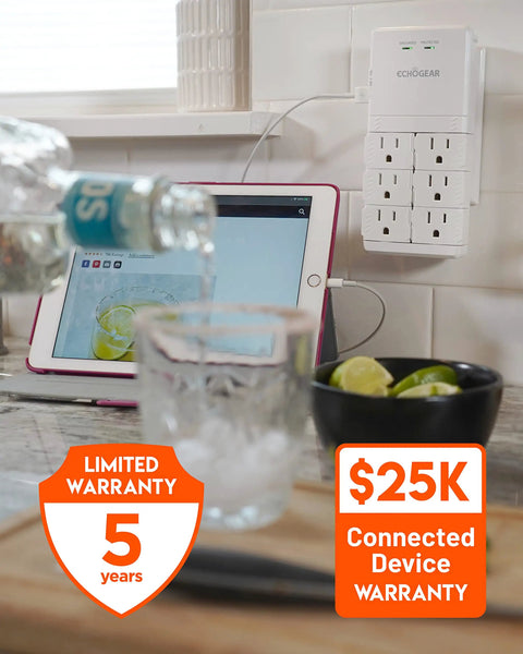 Wall Outlet With Surge Protection And USB Power Ports, 6 Rotating AC Plugs Plus 2 USB Ports Including 15W USB-C Fast Charge