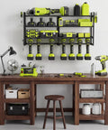 Heavy Duty Power Tool Wall Mount Organizer With 4 Tier Shelves And 8 Drill Holders, Supports Up To 300Lbs, Ideal Garage Workshop Basement Storage, Black installed above workbench.
