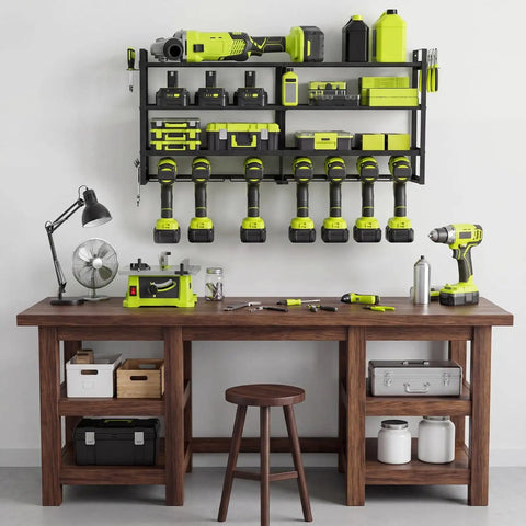Heavy Duty Power Tool Wall Mount Organizer With 4 Tier Shelves And 8 Drill Holders, Supports Up To 300Lbs, Ideal Garage Workshop Basement Storage, Black installed above workbench.