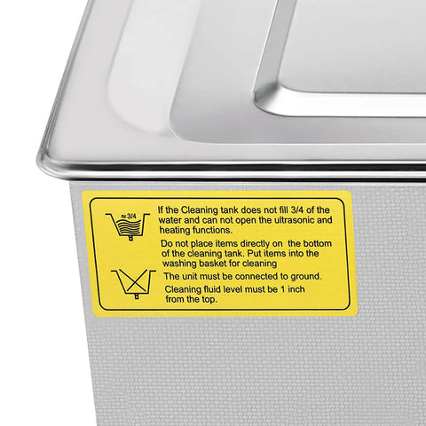 Label on Professional Grade 30 Liters Stainless Steel Ultrasonic Cleaner With Built In Heater And Digital Timer for proper use.